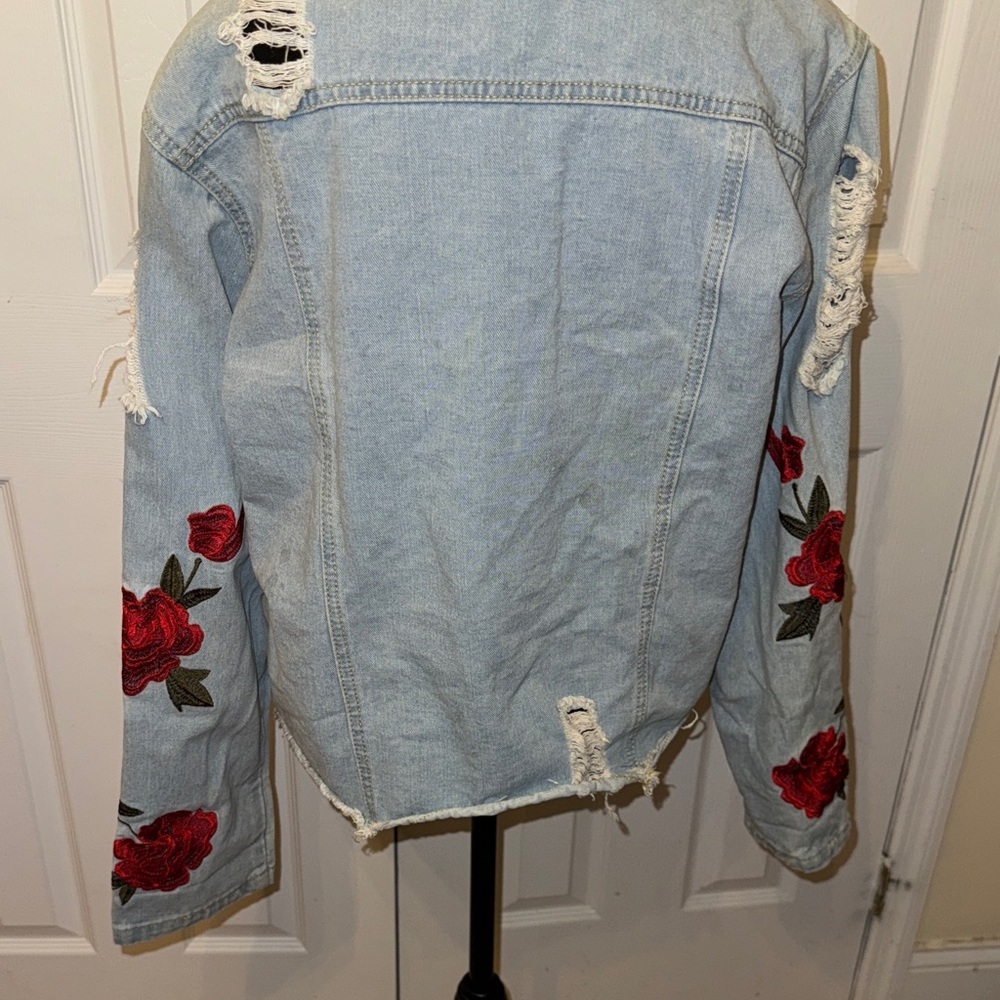 Say What? Light Blue Denim Jacket with Red Floral Accents - Picture 8 of 9